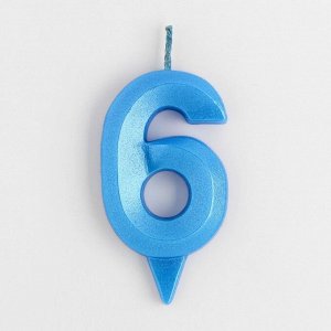 Свеча в торт "Грань", цифра "6", голубой металлик, 7.8 см