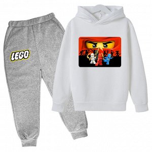 Детский комплект (Худи, принт "Лего", цвет белый + брюки, принт "Лего", цвет серый)