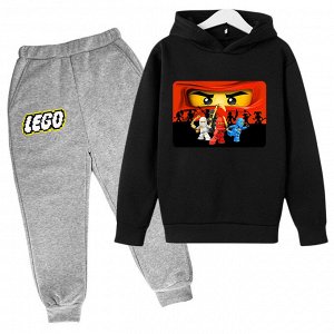 Детский комплект (Худи, принт "Лего", цвет черный + брюки, принт "Лего", цвет серый)