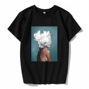 Подростковая футболка, принт "Девушка с цветком на голове", цвет черный