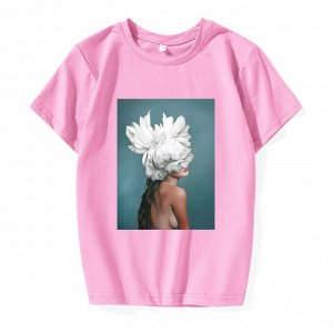Подростковая футболка, принт "Девушка с цветком на голове", цвет розовый