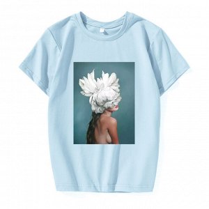Подростковая футболка, принт "Девушка с цветком на голове", цвет голубой