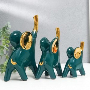 Сувенир керамика "Слоники - зелёный глянец" золото набор 3 шт 9х11; 10,5х15,5; 12,5х19 см