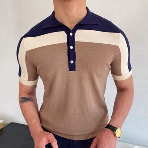 Мужская футболка-поло с коротким рукавом, трехцветная, цвет синий/бежевый/хаки