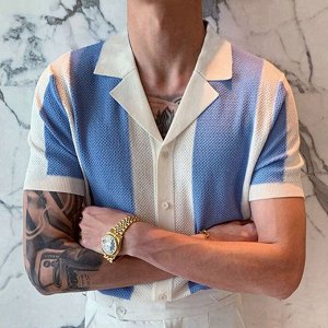Мужская футболка-поло с коротким рукавом на пуговицах, принт "Полосы", цвет синий/белый