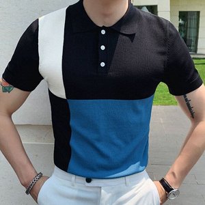 Мужская футболка-поло с коротким рукавом, трехцветная, цвет черный/белый/синий