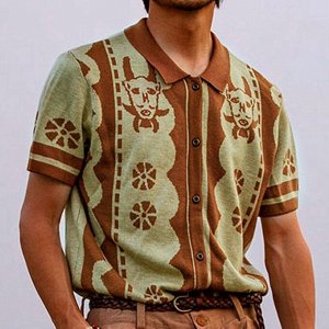 Мужская футболка-поло с коротким рукавом на пуговицах, принт "Узоры", цвет коричневый