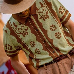 Мужская футболка-поло с коротким рукавом на пуговицах, принт "Узоры", цвет коричневый