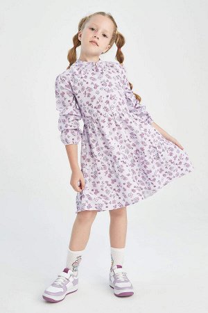 Платье из твила с длинными рукавами и цветочным узором для девочек