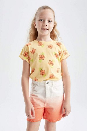 Хлопковая футболка с коротким рукавом и цветочным принтом для девочек стандартного кроя
