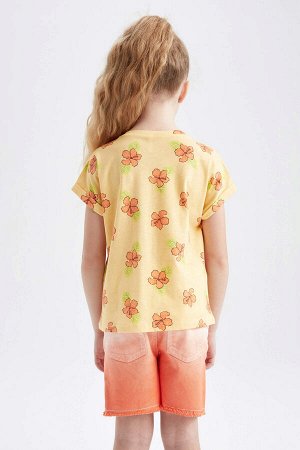 Хлопковая футболка с коротким рукавом и цветочным принтом для девочек стандартного кроя