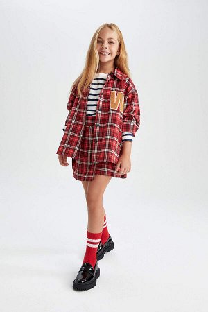 DEFACTO Фланелевые шорты с квадратным узором для девочек, юбка, носки, комплект