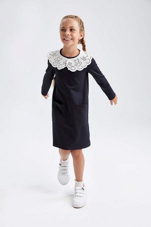 DEFACTO Платье для девочек Back To School с широким кружевным воротником и длинными рукавами