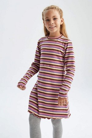 DEFACTO Полосатое платье с длинными рукавами в рубчик для девочек