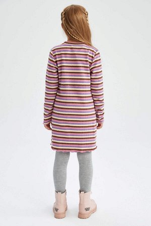 DEFACTO Полосатое платье с длинными рукавами в рубчик для девочек