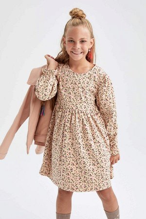 Платье с круглым вырезом и цветочным принтом для девочек с длинными рукавами
