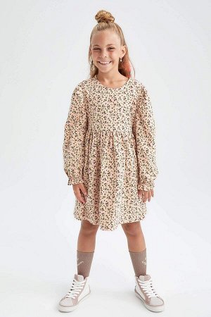 DEFACTO Платье с круглым вырезом и цветочным принтом для девочек с длинными рукавами