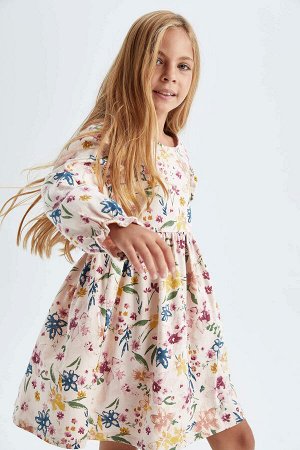 Платье с круглым вырезом и цветочным принтом для девочек с длинными рукавами