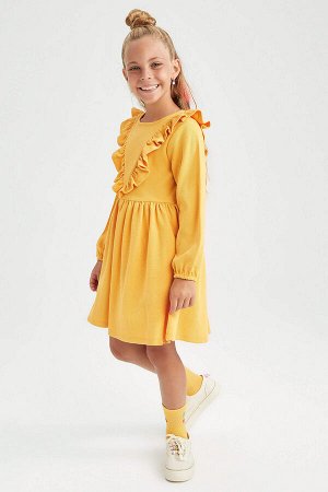 Вафельное платье с круглым вырезом и длинными рукавами для девочек