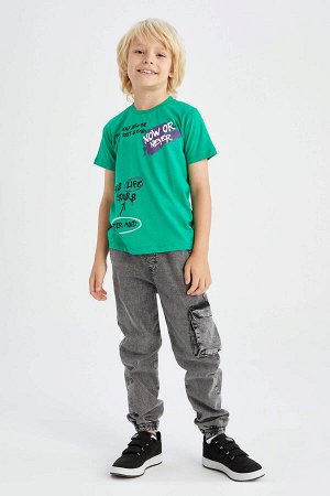 Хлопковая футболка с круглым вырезом и короткими рукавами, обычная посадка для мальчиков, принт с надписью