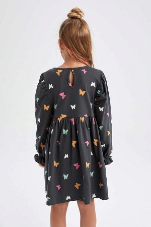 DEFACTO Платье с круглым вырезом и длинными рукавами для девочек с рисунком бабочки