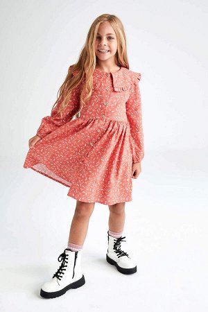 Платье из твила с широким воротником и цветочным принтом с длинными рукавами для девочек