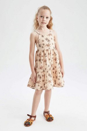 DEFACTO Платье из поплина на бретельках с цветочным принтом, стандартный крой для девочек