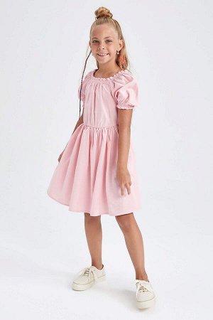 DEFACTO Платье средней посадки для девочек из хлопка и льна с короткими рукавами