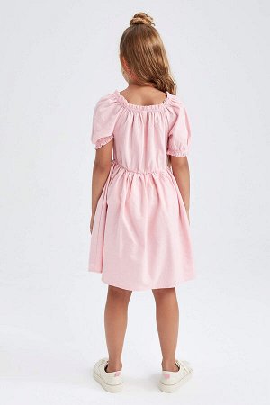 DEFACTO Платье средней посадки для девочек из хлопка и льна с короткими рукавами