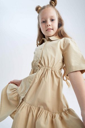 Платье миди из хлопкового поплина с короткими рукавами и воротником-стойкой для девочек
