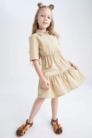 DEFACTO Платье миди из хлопкового поплина с короткими рукавами и воротником-стойкой для девочек