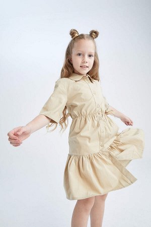 Платье миди из хлопкового поплина с короткими рукавами и воротником-стойкой для девочек