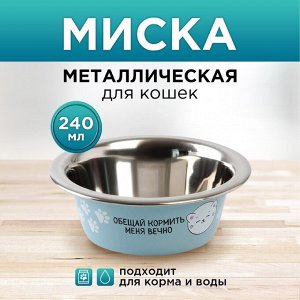 Миска металлическая для кошки «Обещай кормить меня вечно», 240 мл, 11х4 см