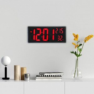 Часы электронные настенные, настольные, с будильником, 36 х 15 х 3 см, красные цифры