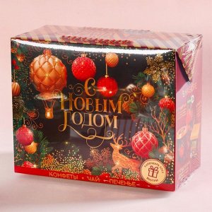 Подарочный набор «С Новым годом»: чай чёрный 50 г., сливочные конфеты 110 г., печенье брауни 120 г.