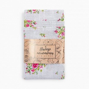 Набор кухонных полотенец Доляна Roses on linen 35х60 см - 3 шт., 100% хлопок, рогожка 164 г/м2