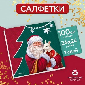 Салфетки бумажные однослойные «Дед Мороз», 24?24 см, набор 100 штук