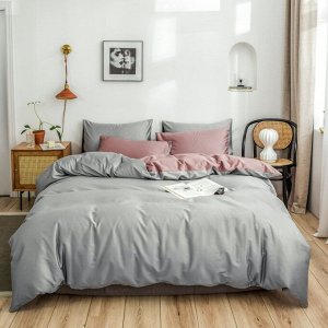 Комплект постельного белья сатин САТИН PREMIUM цвет Пудра-светлая + Серый светлый 2 спальный с простыней на резинке