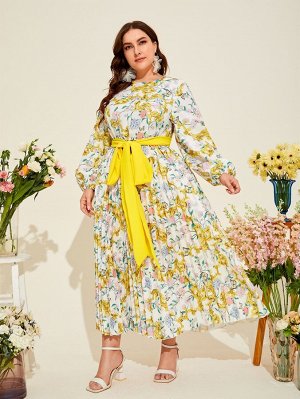размера плюс Платье с поясом с цветочным принтом с рукавами-фонариками плиссированный