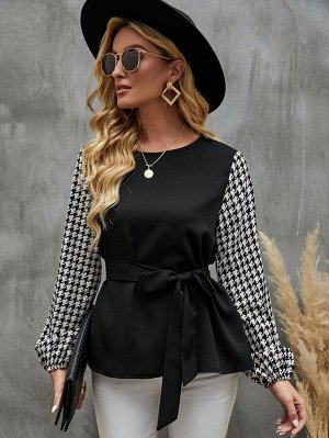 Блуза с принтом 'хаундстут' с рукавами-фонариками с поясом