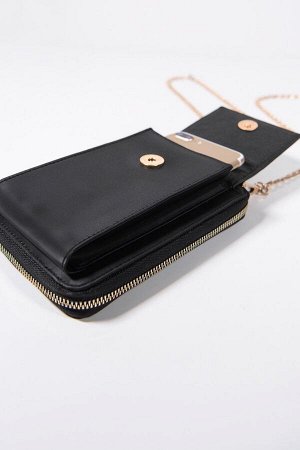 Черный бумажник с отделением для телефона и ремешком-цепочкой