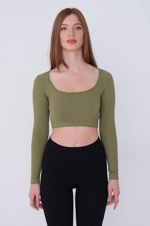 OLIVE GREEN Бесшовная укороченная блузка с круглым вырезом и длинными рукавами