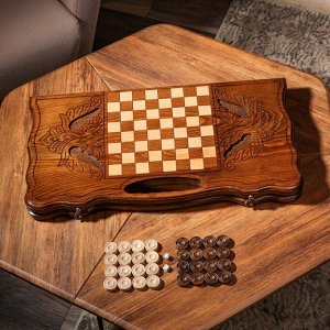 Нарды ручной работы "Лев на охоте" с ручкой, 60х30 см, с шахматным полем, массив ореха, Армения