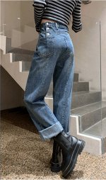 Женские джинсы с высокой талией, с пуговицами, цвет синий
