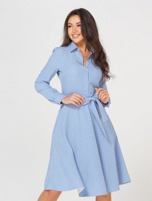 Платье рубашка женское демисезонное МИДИ длинный рукав цвет Голубой, белый SHIRT (мелкий горох)