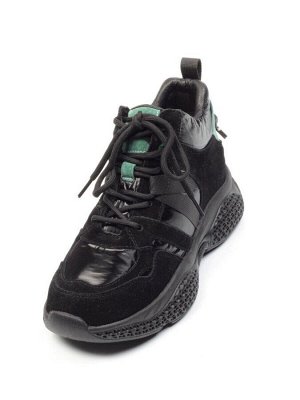 CSJ33-1 BLACK/GREEN Ботинки спортивные демисезонные женские (натуральная замша, байка)