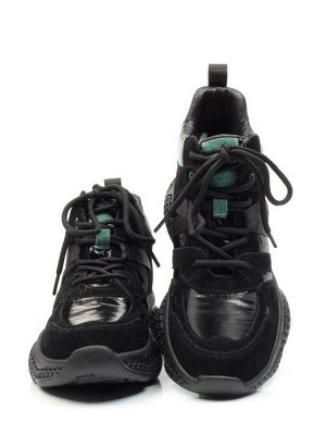 CSJ33-1 BLACK/GREEN Ботинки спортивные демисезонные женские (натуральная замша, байка)
