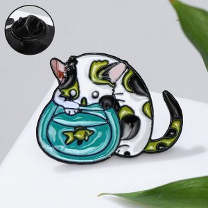 Значок "Кот" с аквариумом, цветной в чёрном металле