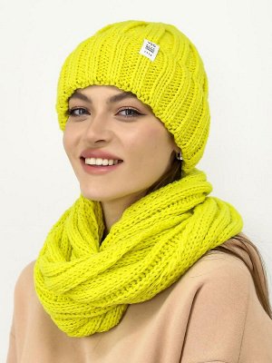 Женский комплект (шапка+снуд) с шерстью на флисе цвет Лимонный