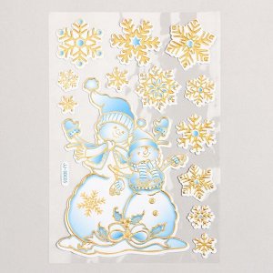 Наклейка пластик "Снеговики под снежинками" серебристо-голубая 17х27 см